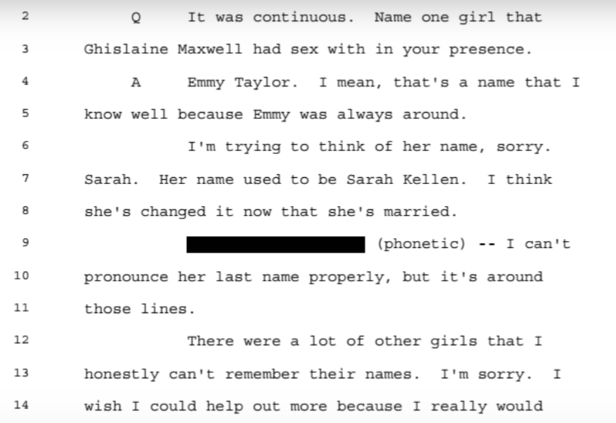 She states that the number is too high to remember about how many girls she witnessed having sex with Maxwell/Epstein. Says she first met Prince Andrew in 2001, "Glenn Dubin was first."
