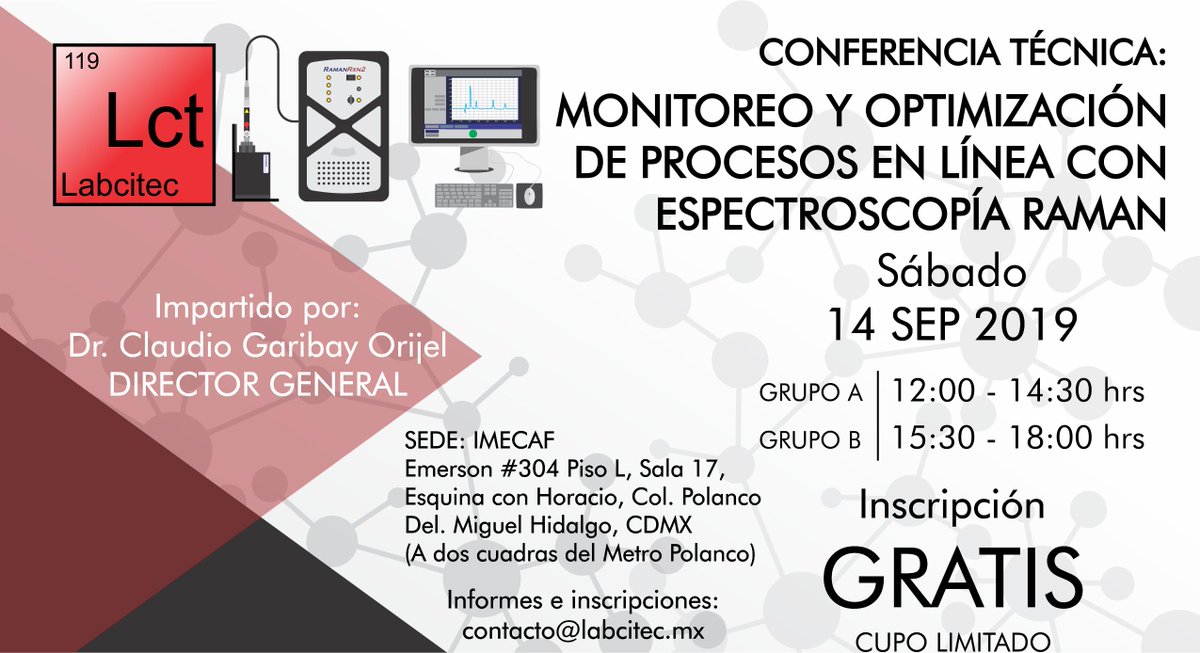 Labcitec's tweet photo. Labcitec les invita a asistir el 14 de Septiembre del 2019 a la conferencia técnica:"Monitoreo y Optimización de Procesos en línea con Espectroscopía Raman"
Inscripción: GRATIS
Informes e inscripciones: contacto@labcitec.mx 
#Labcitec #Biotecnología #CDMX #Procesos https://t.co/t1fLqiMJDT