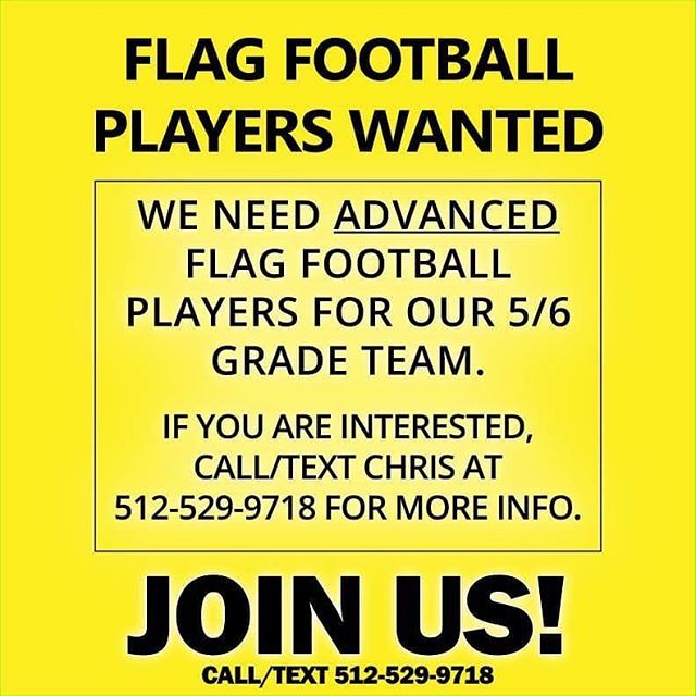 ATXPromotional's tweet photo. We need two more flag football players for our team. Looking for a quarterback and a receiver. 
We are a 5th/6th Grade Flag Football Team and If you are an advanced player, we want you to be a part of our team.  We will bring you to the next level!

CALL… https://t.co/55iMLHXgz6 https://t.co/hlICG5ckJm