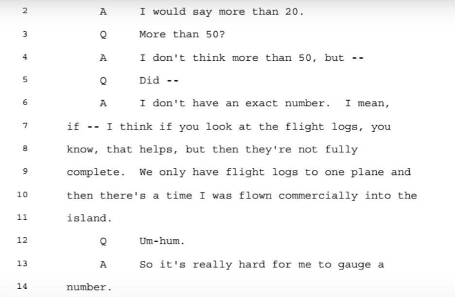 She states that the number is too high to remember about how many girls she witnessed having sex with Maxwell/Epstein. Says she first met Prince Andrew in 2001, "Glenn Dubin was first."