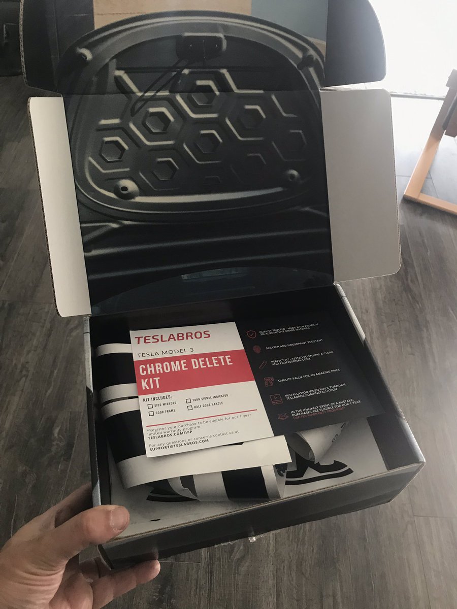 IAmGlennonX's tweet photo. Look what showed up in the mail today? Looks like I’ll be doing a chrome delete on my model 3 this weekend! #byebyechrome @teslabros https://t.co/dPOqmfbsq3