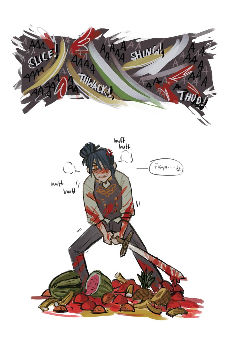 that fruit ninja thing from american vandal but its flayn following around felix throwing tomatoes at him
