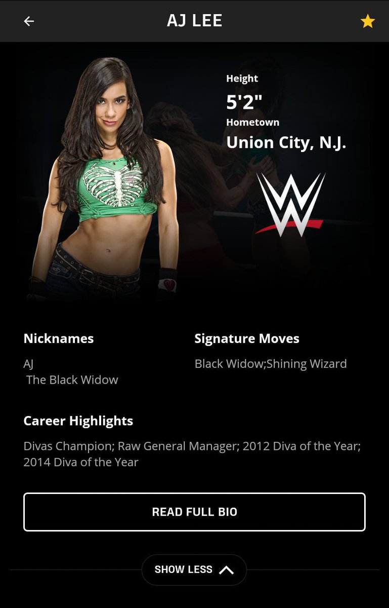 TravisJonesWWE's tweet photo. I love the way that Lady @TheAJMendez - The #PhenomenalBlackWidow & The #GeekGoddess's bio looks on the new #WWEApp #TeamAJ and she's looks so perfect. #RT if u do & agree #WeLoveAJ #WeMissYouAJ #IconicAJ #AJFansForEver #RAW @WWE @AJLeeSupport @WeLoveAJLee @Aimee_Garcia https://t.co/he40Xp8XFn