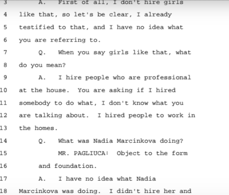 Nadia Marcinko answered all questions with the 5th. Maxwell's depo is just her playing dumb and acting like she has no clue what's going on around her. Completely ridiculous entitled attitude. Like so. "I barely recall Virginia" TIL Sex traffickers have a faulty memory.