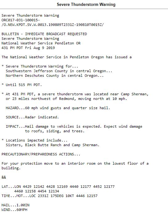 The NWS has issued a Severe T-storm Warning for Jefferson &amp; Deschutes Counties until 5:15pm. This storm is 23miles NW of Redmond &amp; moving North at 10mph. It is capable of producing 1" hail &amp; 60mph winds. Seek shelter if you are in its path. #ORwx

bit.ly/2IuPKyw