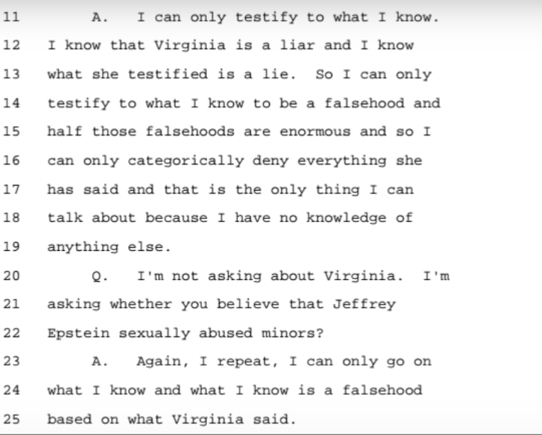 Nadia Marcinko answered all questions with the 5th. Maxwell's depo is just her playing dumb and acting like she has no clue what's going on around her. Completely ridiculous entitled attitude. Like so. "I barely recall Virginia" TIL Sex traffickers have a faulty memory.