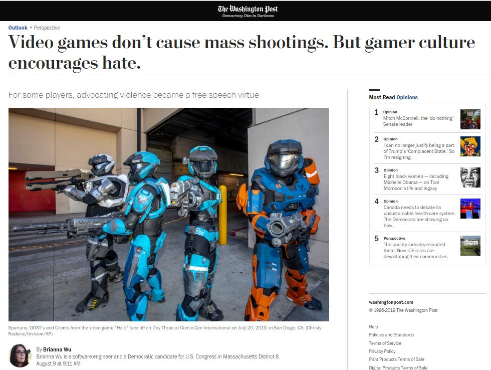 Brad_Glasgow's tweet photo. Adding to the deluge of "Games don't cause violence BUT" op-eds is this new entry in The Washington Post... from Brianna Wu. https://t.co/8aeOyZkQYh