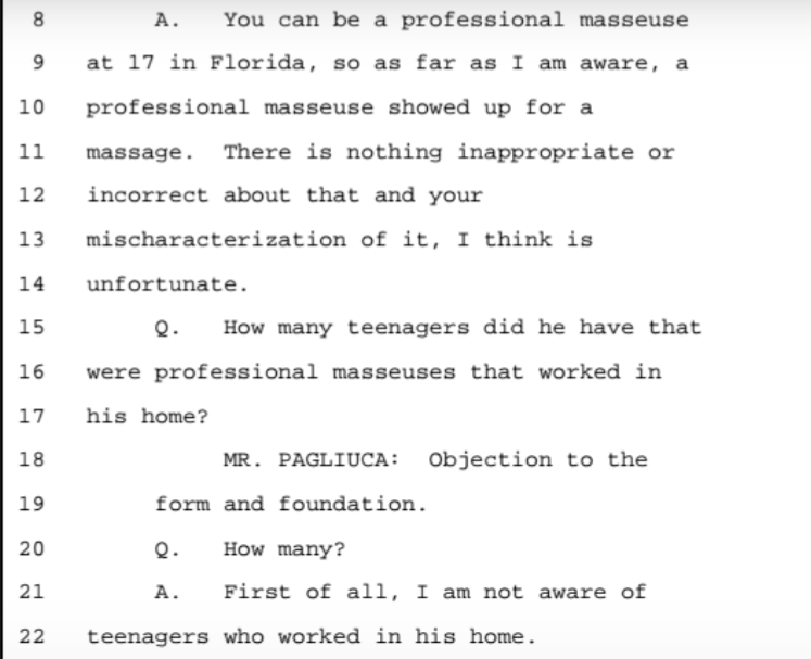 Nadia Marcinko answered all questions with the 5th. Maxwell's depo is just her playing dumb and acting like she has no clue what's going on around her. Completely ridiculous entitled attitude. Like so. "I barely recall Virginia" TIL Sex traffickers have a faulty memory.