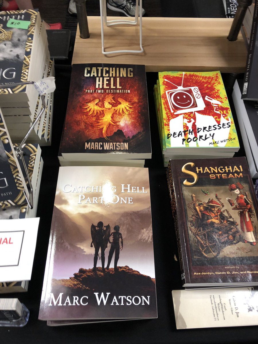 writewatson's tweet photo. Available at the #wwcyyc2019 shared author table! Each Catching Hell on its own is $25, and DDP is $15. Or both CH for $40, or ALL THREE FOR $50!!! It’s a circus of values!
#everybodyhustlin @WWC_Calgary https://t.co/RhguBzTvQv