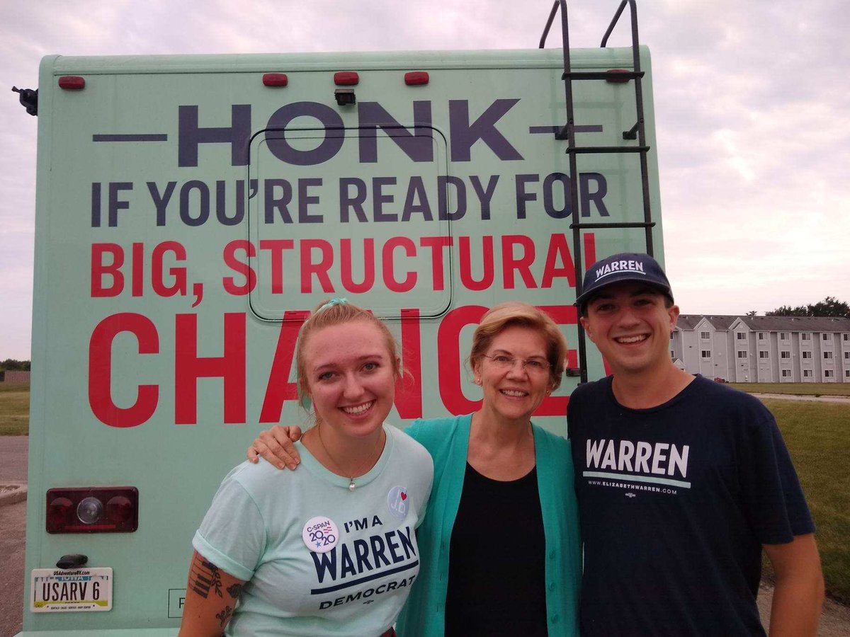 RowleyPat's tweet photo. “Take a picture of me in front of the RV!”

*notices @ewarren walking up, is stunned*

She happily took a picture with us and said SHE LIKES MY PANTS!! https://t.co/WeGoWJ751j