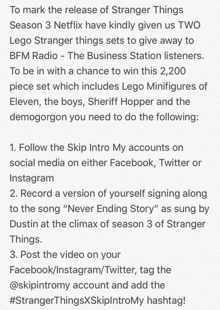 SkipIntroMy's tweet photo. Anmar’s already in with a chance to win this #StrangerThings3 #lego set from @netflix, want to join him? Send us your “neverending story” videos. Full details in the pics. #StrangerThingsXSkipIntroMy https://t.co/a9c4SWmTK4