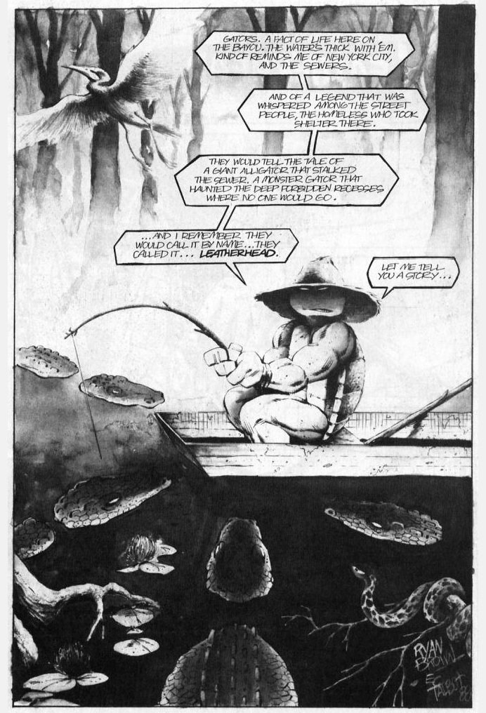 Ryan Brown and Eric Talbot. First appearance of Leatherhead! I assume today's Turtle is talking to the alligators.