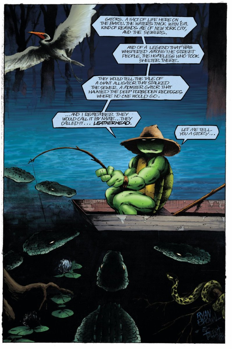Ryan Brown and Eric Talbot. First appearance of Leatherhead! I assume today's Turtle is talking to the alligators.