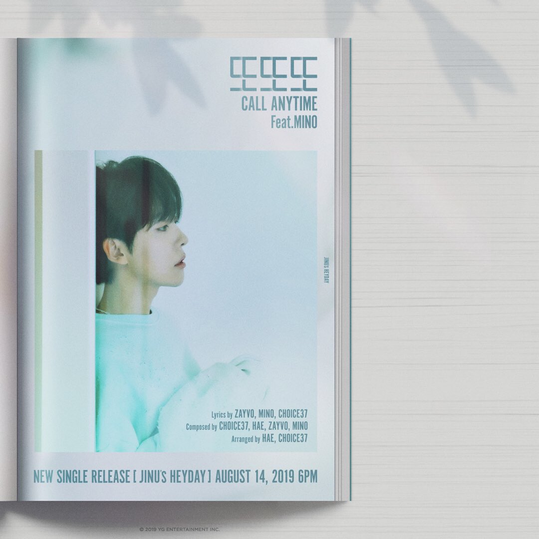 yg_winnercity's tweet photo. [📚TITLE POSTER #2📚] JINU - CALL ANYTIME (Feat. MINO) 🤙🏻
#JINU #김진우 #지누솔로 #MINO #송민호 #WINNER #위너 #김진우_��또또 #CALL_ANYTIME #JINU_HEYDAY #TITLEPOSTER_VER2 #NEWSINGLE #20190814 #YG https://t.co/XJZF5MNdTl