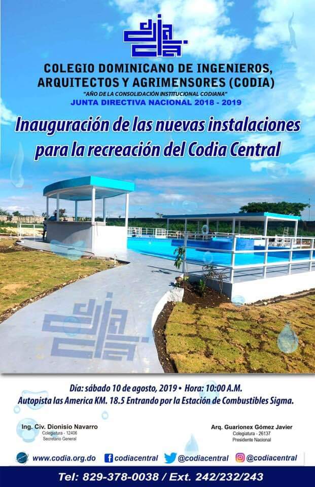 CodiaCentral's tweet photo. Mañana | El #CodiaRD presidido por el Arq. @gomdis, invita, a la inauguración de las nuevas instalaciones para la recreación del Codia Central, sábado 10 de agosto 2019, 10:00 A.M., Autopista Las Américas Km. 18.5, entrando por la estación de combustible Sigma.
#CodiaInaugura https://t.co/bJPaOhjdDc