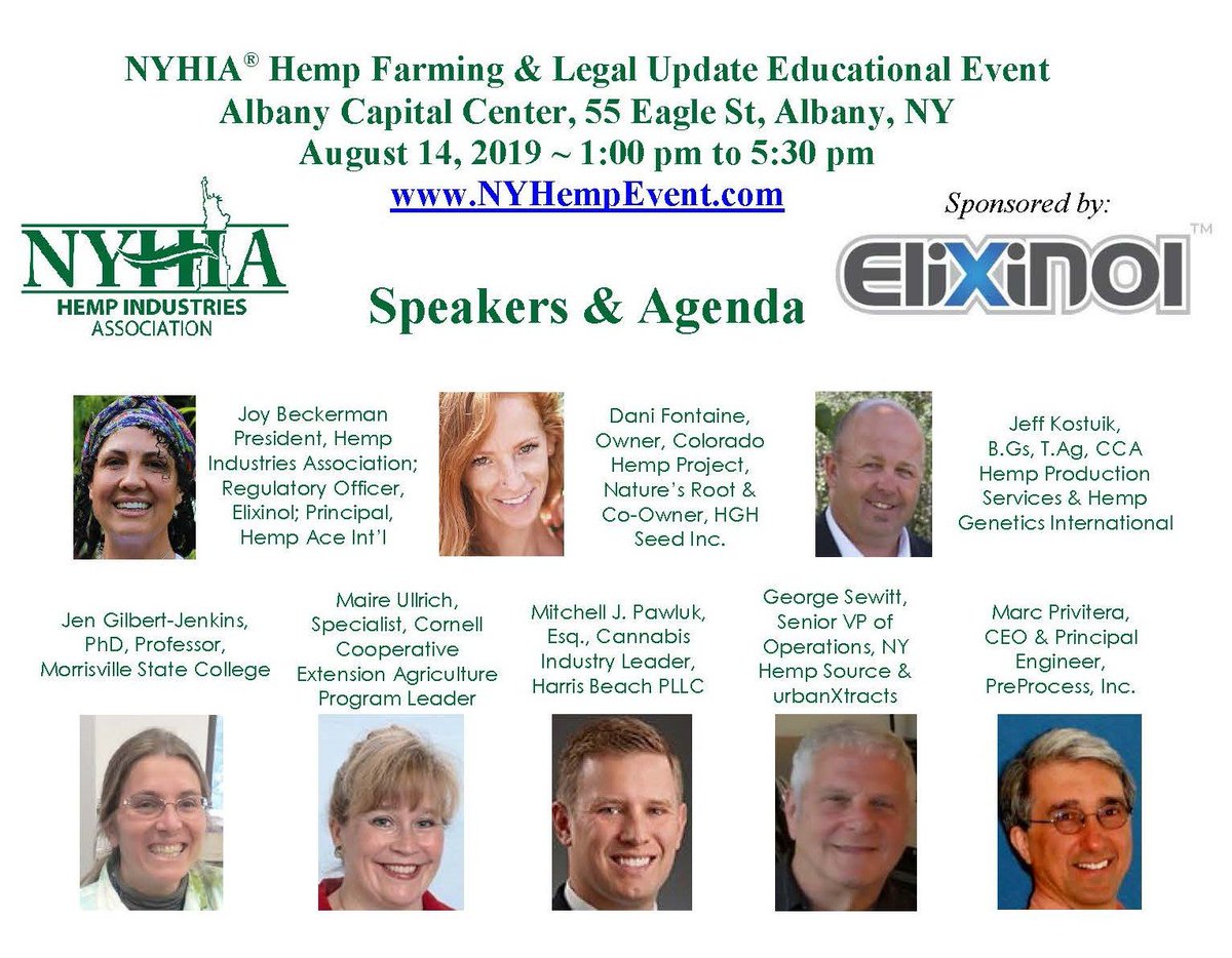 8/14/19 NYHIA Hemp Farming &amp; Legal Update Event ~ world class education!  Albany Capital Center 1:00 to 5:30 pm. $25 HIA Members; $50 Non-HIA Members! Go to NYHempEvent.com for more info &amp; to register!