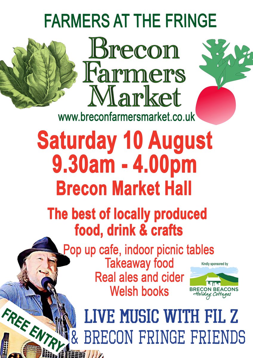 If you’re coming to Brecon Fringe and/or #BreconJazz today call in to <a href="/BreconFarmersM/">Brecon Farmers Mkt</a> Live music all day. GREAT food &amp; drink. Welsh burgers. Local bread and more. @ShoutOutWales <a href="/WeLoveBrecon/">We Love Brecon</a> @mrnicepiebaker <a href="/CarolinesBread/">Caroline's Bread Co.</a> <a href="/marketgardening/">marketgardeningwales</a> @Brecon_News <a href="/BrecBeaconsTour/">Brecon Beacons Tours ⛰🏴󠁧󠁢󠁷󠁬󠁳󠁿</a>