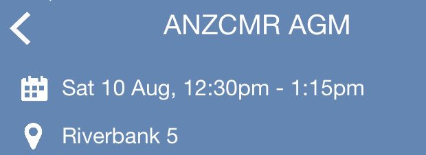 anzcmr's tweet photo. Don’t forget ANZCMR AGM today at 12:30 in Riverbank 5 #CSANZ19 #CSANZ2019 https://t.co/TYBVI1Q2oE