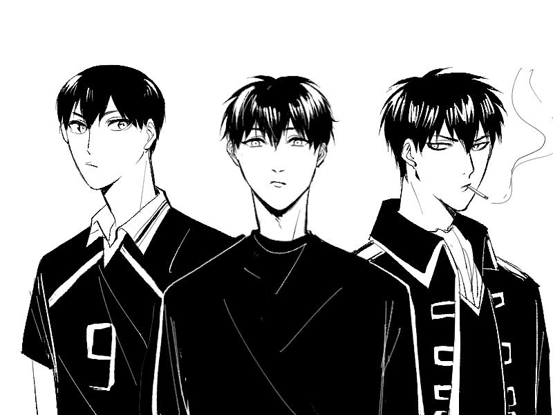 Kevin and his models.
Kevin has the kind of innocence like  Kageyama and has the kind of calmness and maturity like Hijikata too.
The three of them are the type that get angry easily though. 😂

#KevinHuang #HannyOC #KageyamaTobio #HijikataToshirou 