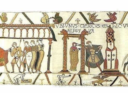 #BayeuxTapestry Bayeux Tapestry, embroidered linen masterpiece depicting the Norman Conquest of England,1066, created by highly skilled medieval artisan women, which depicts the mysterious Ælfgyva, one of only three females figures portrayed in work #womensart