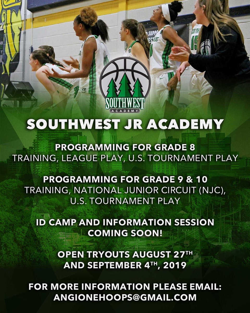 Southwest Academy Girls Prep (@swacademywbb) on Twitter photo Southwest Jr Academy tryouts are coming! Girls entering grade 8 6:30-8:00pm and grade 9/10 girls 8:00-9:30pm. For more information please email angionehoops@gmajl.com. Come #RUN4SOUTHWEST๐ฒ๐ฒ๐ฒ Southwest Jr Academy tryouts are coming! Girls entering grade 8 6:30-8:00pm and grade 9/10 girls 8:00-9:30pm. For more information please email angionehoops@gmajl.com. Come #RUN4SOUTHWEST๐ฒ๐ฒ๐ฒ