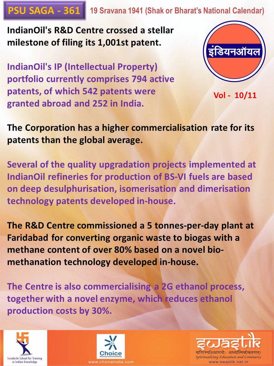 IndianOil's IP (Intellectual Property)
portfolio currently comprises 794 active
patents, of which 542 patents were 
granted abroad and 252 in India. 
#PSU