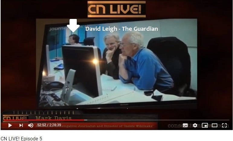 "Up in the corner is  @davidleighx. David Leigh wrote the most damning book about Julian. [WikiLeaks: Inside Julian Assange's War on Secrecy (Feb 2011)]