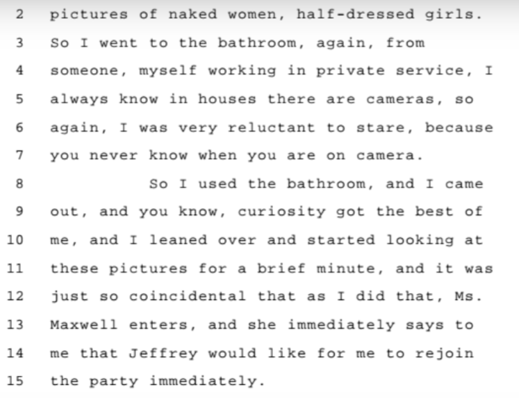 Rinaldo Rizzo talks about an encounter in Epstein's home where him, Ghislaine, Eva Anderson, and a 15 year old girl are present. He spotted various nude photos of girls hanging on the walls.