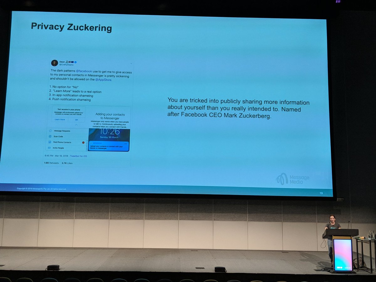 jnelssonsmith's tweet photo. @coder_bec exploring dark patterns, the over-use of notifications and most importantly: introducing me to the term 'privacy zuckering' https://t.co/WKKlLt85Yx