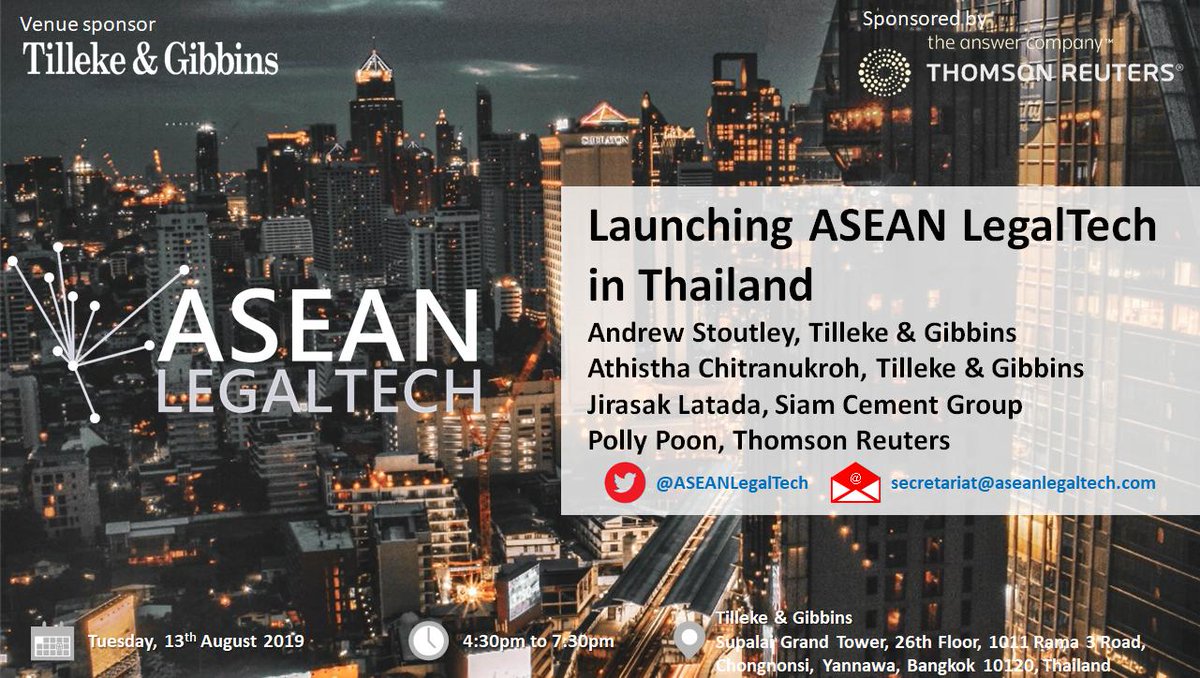 Hello #ASEAN #ASEANLaw #ASEANLegalTech #LegalTech #NewLaw #Thailand friends! We are hosting a launch event in #Thailand on Tuesday (13/8), thanks to <a href="/tillekegibbins/">Tilleke & Gibbins</a> for hosting and <a href="/thomsonreuters/">Thomson Reuters</a> for sponsoring. You can sign up here: meetup.com/ASEAN-LegalTec…