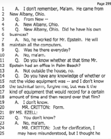 A jane doe discusses the video setup. A young technician from Wexler's town, New Albany, Ohio maintained the computers for Epstein. *Cough Timothy Newcome... https://www.manta.com/c/mmjxn3z/newcome-electronic-systems