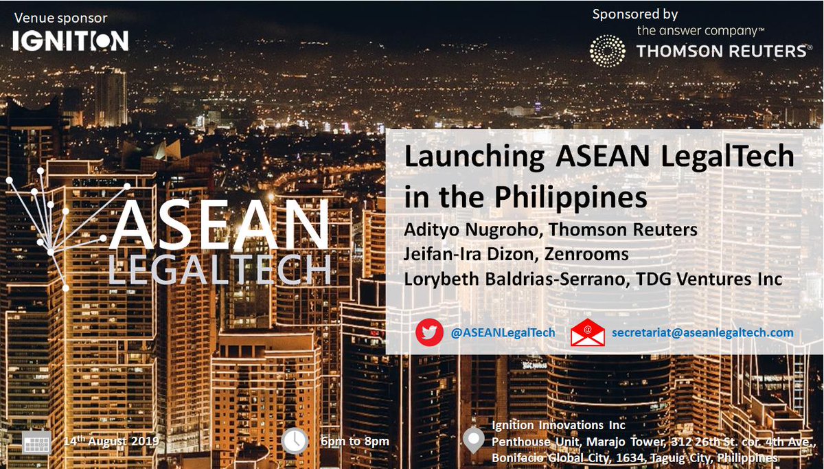 Hello #ASEAN #ASEANLaw #ASEANLegalTech #LegalTech #NewLaw #Philippines friends! We are hosting a launch event in #Manila on Wednesday (14/8), thanks to Ignition Innovations Lab for hosting and <a href="/thomsonreuters/">Thomson Reuters</a> for sponsoring. You can sign up here: meetup.com/ASEAN-LegalTec…