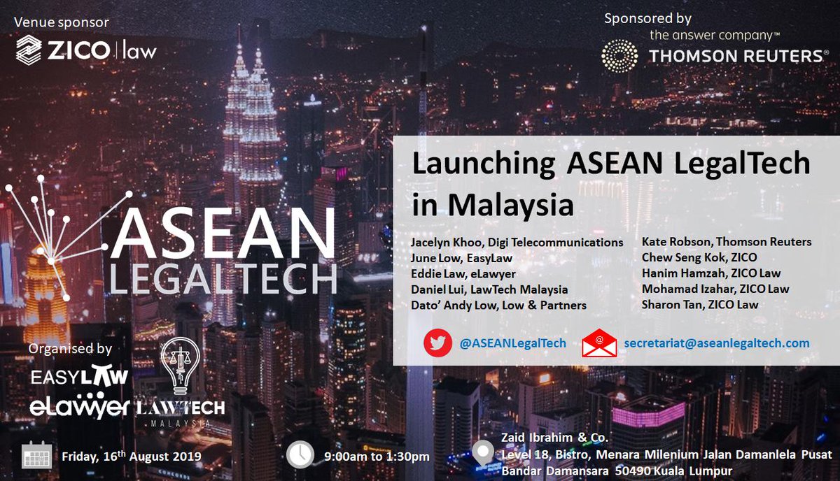 Hello #ASEAN #ASEANLaw #ASEANLegalTech #LegalTech #NewLaw #Malaysia friends! We are hosting a launch event in #KualaLumpur on Friday (16/8), thanks to <a href="/ZICO_Group/">ZICO Group</a> for hosting and <a href="/thomsonreuters/">Thomson Reuters</a> for sponsoring. You can sign up here: meetup.com/ASEAN-LegalTec…