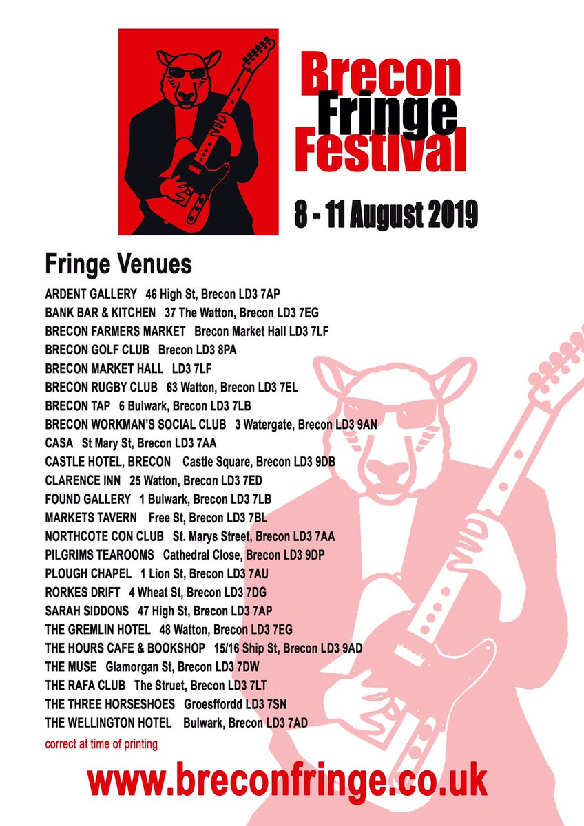 Happy Saturday. It’s a bit wet in Brecon but our Fringe venues are indoors, or prepared for rain if outside so grab a brolly and come along. Full programme on breconfringe.co.uk