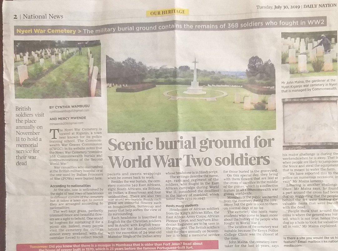 jaffergullam's tweet photo. One among the best cemeteries in Kenya,Nyeri(kiganjo)war Cemetery was featured in one of our daily news papers on the 30th July.Daily Nation. https://t.co/GdudByi8Cz