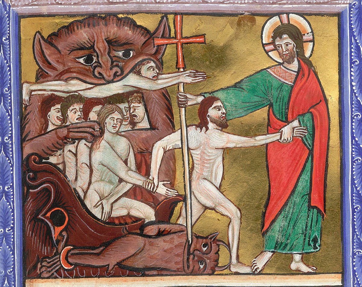 Thread: most depictions of the Harrowing of Hell just have Jesus standing there letting people out of a hellmouth, but every so often one makes it look like Jesus pulled off a heist. Like this one from BL MS Arundel 157, where Jesus has overpowered and TIED UP a demon guard.