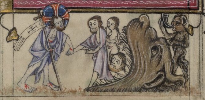 I love the Harrowings with demons sounding the alarm, like they're going to do something about this jailbreak."The prisoners are escaping!!"(BL MS Yates Thompson 13)
