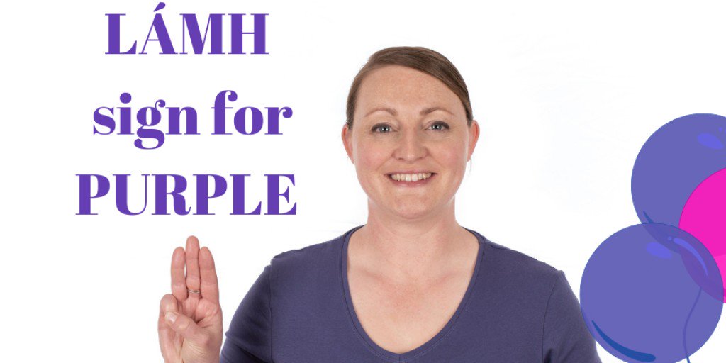 Lamhsign's tweet photo. Is PURPLE a favourite colour with your Lámh user? PURPLE is a new #Lámh sign and here it is! With your right hand in a ‘p’ handshape, palm outwards, fingers upwards in front of right shoulder, circle hand to the right once. #LámhColours #inclusive #communication https://t.co/q8V0ubB9QQ