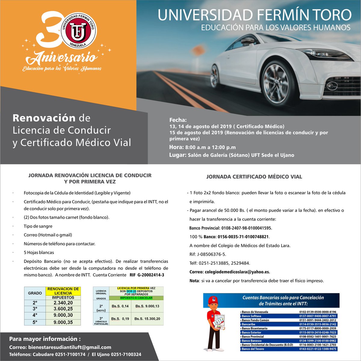 uft_ve's tweet photo. ¡Esta información te puede interesar!! 
#Jornada de Renovación de La licencia de conducir para este 15 de Agosto 2019 y para el próximo 13,14 de agosto la renovación de el certificado médico vial. Lee detenidamente la información en la imagen. https://t.co/KDnr0tSnU5