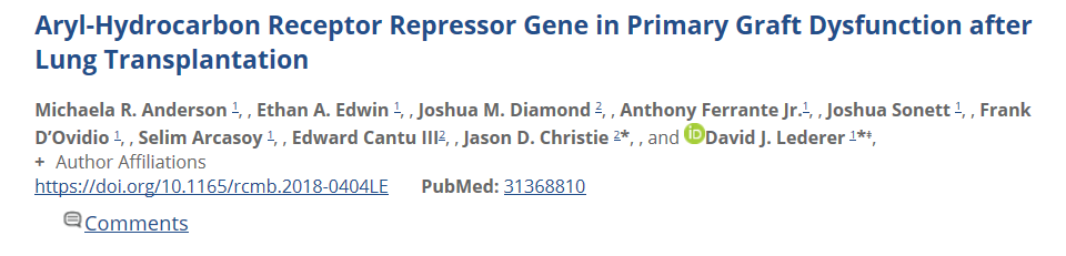 ATS_BSHSR's tweet photo. #Aryl - #Hydrocarbon Receptor #Repressor #Gene in Primary Graft Dysfunction after #Lung #Transplantation. @AJRCMB https://t.co/3duOFyPVJ2 https://t.co/2EVxaLUeKl