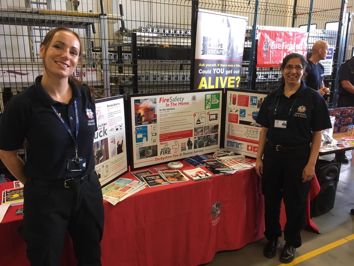 DerbyshireFRS's tweet photo. Open day at Ascot Drive fire Stn is well underway. Community Safety Officer #CSO_Shareen &amp; #CSO_Kat are on hand to chat safety &amp; firefighters Steve &amp; Mick are manning the @firefighters999 stand. Loads more to see &amp; do &amp; we are open until 4pm.Don’t let the weather put you off 😊 https://t.co/oFxPy9KJrB