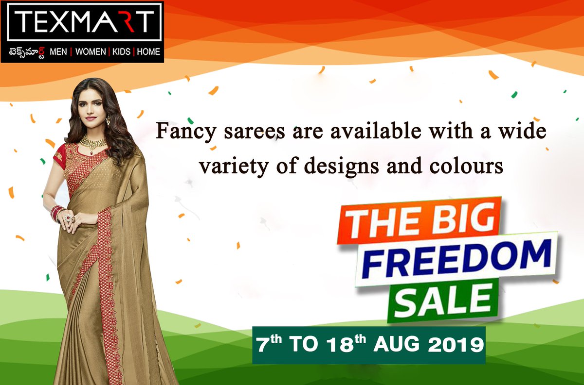 Texmart_india's tweet photo. Fancy sarees are available with a wide variety of designs and colours.
contact: 
Rajahmundry : 0883-6662333
Vizianagaram : 08922-225127
Amalapuram : 08856-230148
Anakapalle : 08924-223113
Srikakulam : 089422-25552
#texmartshowroom #textiles #fancysarees #freedomsale https://t.co/bTNpZy45Ts