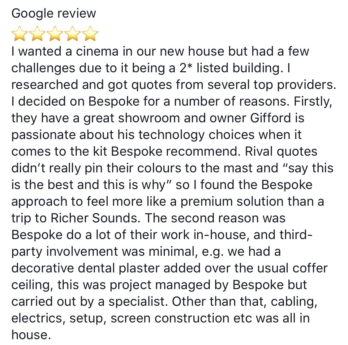bespoke_cinemas's tweet photo. Google review
⭐️⭐️⭐️⭐️⭐️

We really appreciate all your likes, retweets and comments on our posts but this recent google review tops them all! https://t.co/UH64U5gsYL