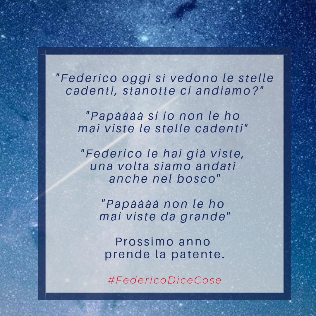 FedericoDiceCos's tweet photo. "Federico oggi si vedono le stelle cadenti"
"Papàààà si io non le ho mai viste!" 
"Si Federico, le hai già viste, una volta siamo andati anche nel bosco"
"Papàààà non le ho mai viste da grande"
Prossimo anno prende la patente.

#FedericoDiceCose #SanLorenzo #10agosto Buon Sabato https://t.co/O70YOCYFsY