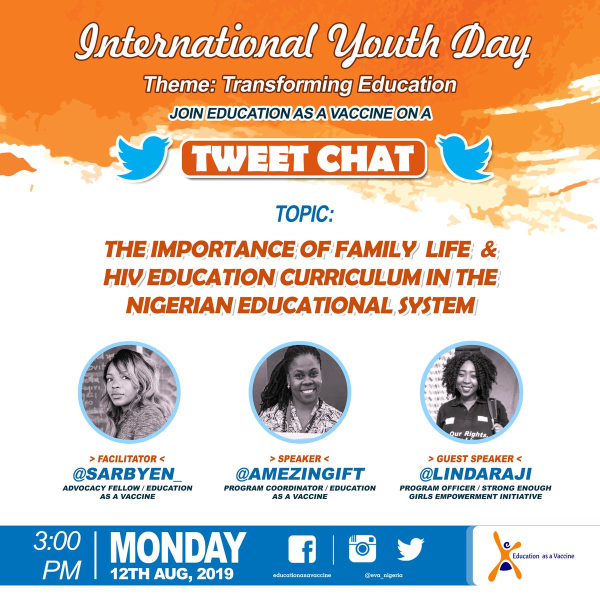 afifaayeva's tweet photo. It's today! August 12th, join our #FLHE4AYP twitter chat on #IYD2019, @ 3:00pm WAT. Happy Youth Day to all my Youngsters out there, wishing you #EducationForBetter #TransformingEducation https://t.co/RFJZGxOpZ9