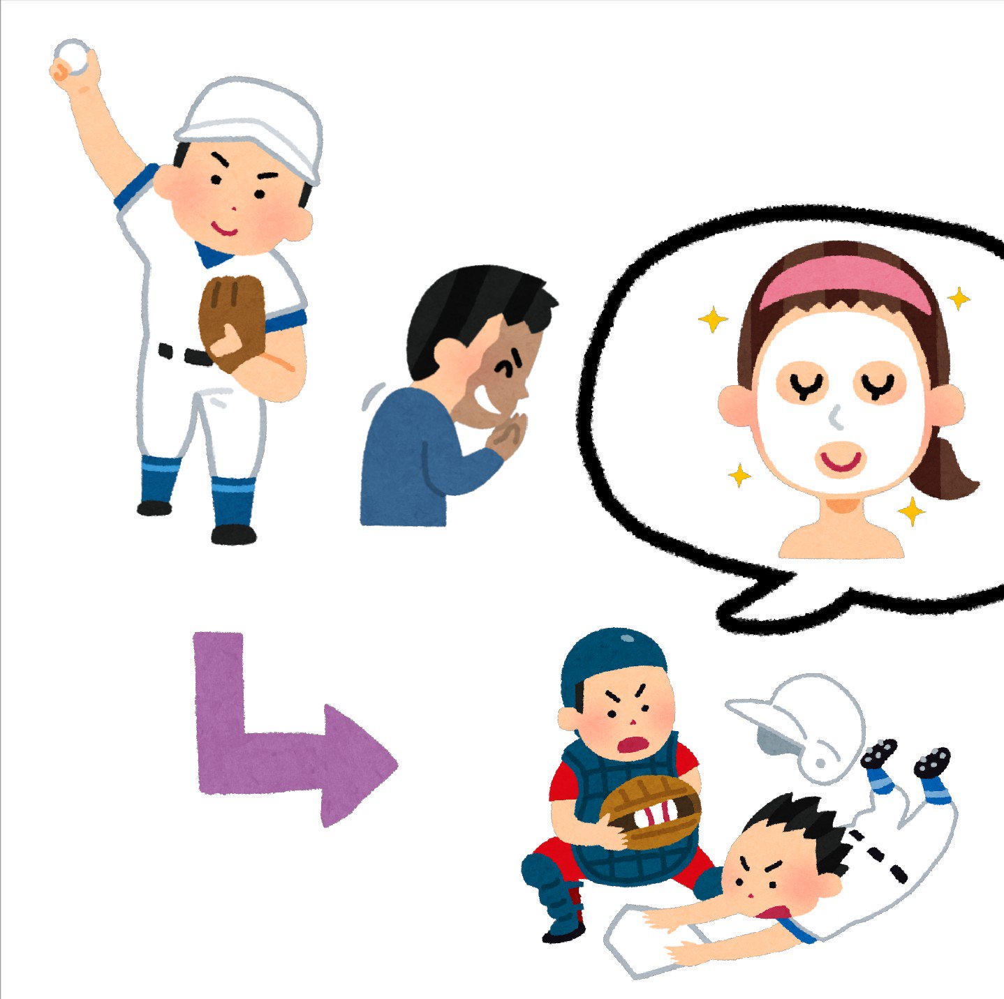 まいチクをいらすとやで再現 Dayukoume 再現難易度 使ったイラスト 6枚 ふきだしのイラスト 野球のピッチャーの イラスト オーバースロー 影で笑う人のイラスト 男性 矢印のイラスト 直角 野球のイラスト クロスプレー フェイスパックをしている