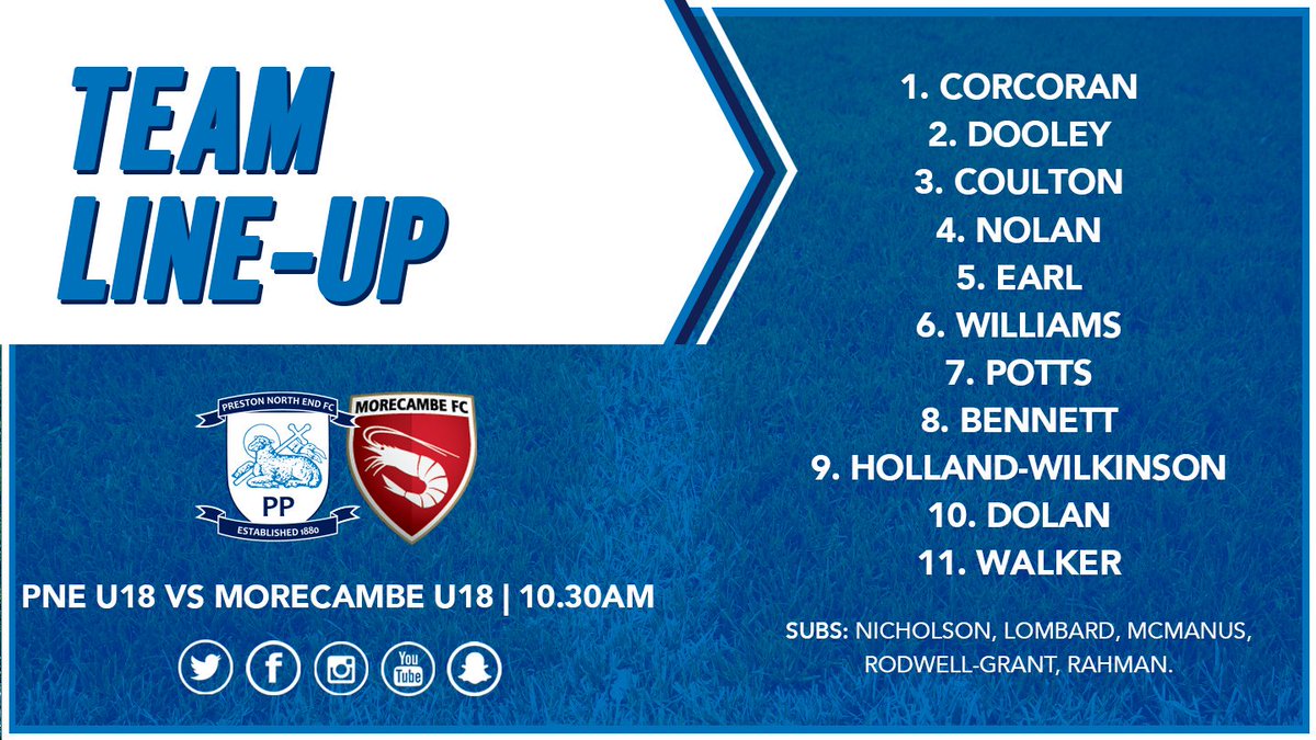 pnefcacademy's tweet photo. 📋 #PNEU18 will line-up as follows in just under an hour's time against Morecambe...

2️⃣ changes from the side that defeated Rochdale last weekend; Lewis Coulton and Aaron Bennett replacing Lincoln McFayden and Brian McManus in the XI.

#pnefc https://t.co/Uu0ZJS6kI8