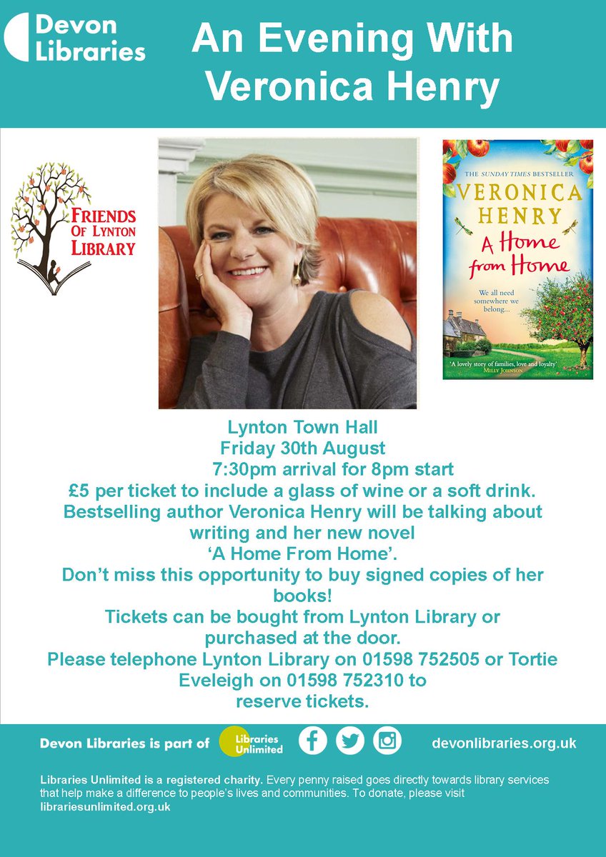 Very much looking forward to having <a href="/veronica_henry/">Veronica Henry</a> at Lynton Town Hall on Friday 30th August! @LyntonLynmouth  <a href="/woody_bay/">Lynton & Barnstaple</a> <a href="/LLCliffRailway/">Cliff Railway Lynton</a> <a href="/Lyntoncinema/">Lynton Cinema</a> @LYNTONBOOKSHOP