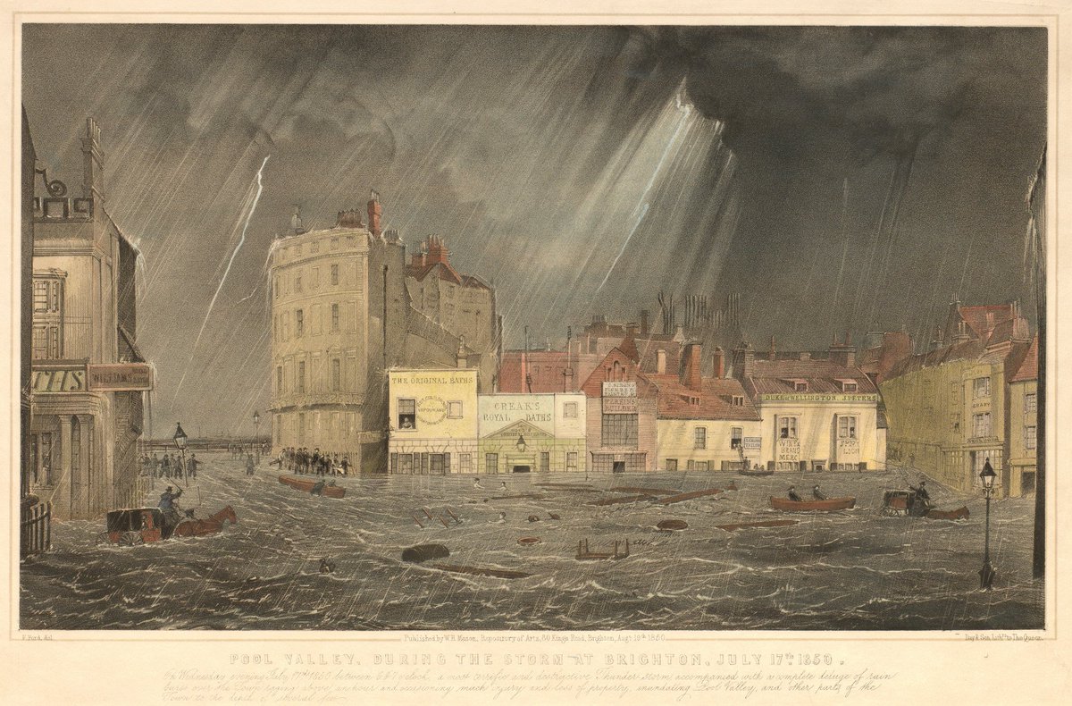 On this blustery day, here is a coloured lithograph from <a href="/BrightonMuseums/">Brighton Museums</a> fine art collection showing Pool Valley during a storm in July 1850 #Brighton #LocalHistory #StormyWeather <a href="/BrightonHoveCC/">Brighton & Hove City Council</a>