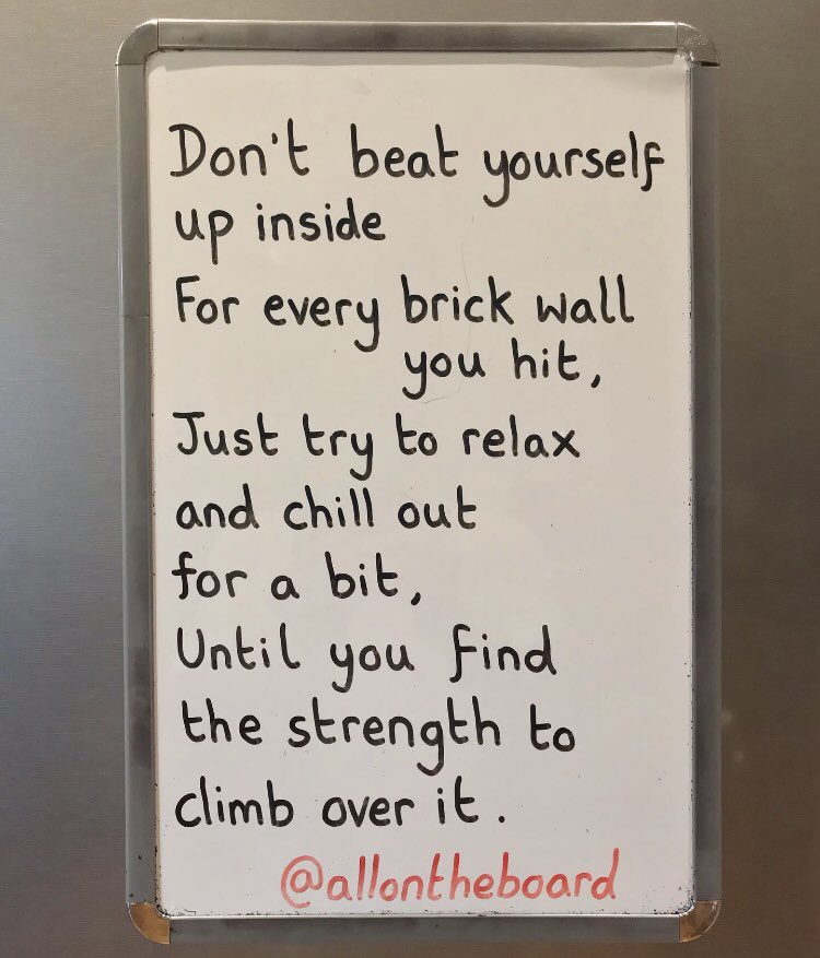 allontheboard's tweet image. Don’t beat yourself up inside for every brick wall you hit...
@allontheboard 
#brickwall #dontbeatyourselfup #relax #takeyourtime #onlyhuman #you #me #findthestrength #nevergiveup #keepthefaith #youcandoit #mentalhealth #health #allontheboard